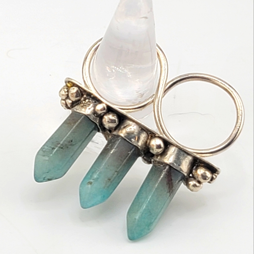 3 SPIKES AQUAMARINE DOUBLE RING BAND HANDMADE IN STERLING SILVER METAL 8.5 & 7.5 - Picture 2 of 11